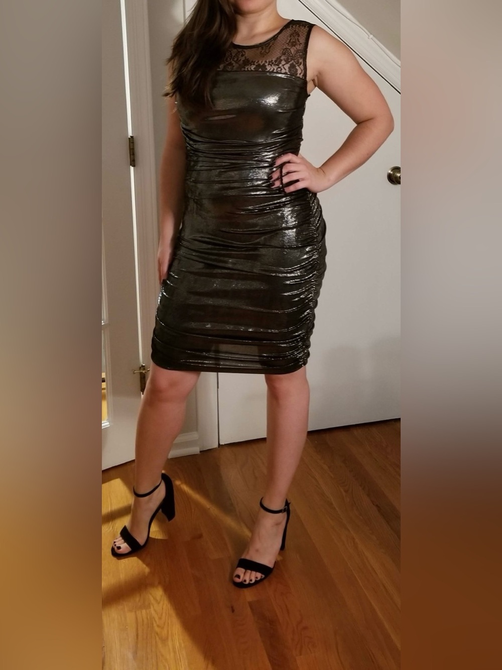 Armani Exchange Metallic Black Ruched Lace Bodycon Mini Dress